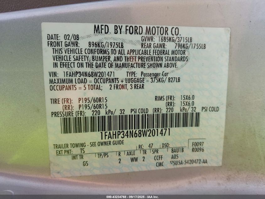 2008 Ford Focus S VIN: 1FAHP34N68W201471 Lot: 43234768