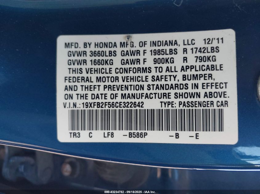 2012 Honda Civic Lx VIN: 19XFB2F56CE322642 Lot: 43234782