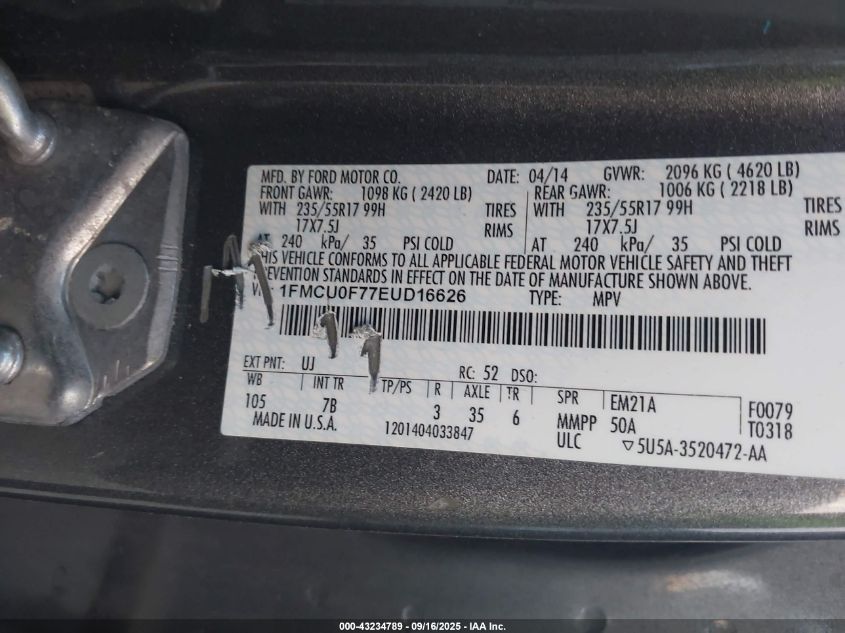 2014 Ford Escape S VIN: 1FMCU0F77EUD16626 Lot: 43234789