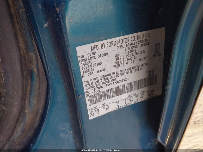 2001 Ford F-150 Harley-Davidson Edition/King Ranch Edition/Lariat/Xlt VIN: 1FTRW07W11KA24328 Lot: 43234795