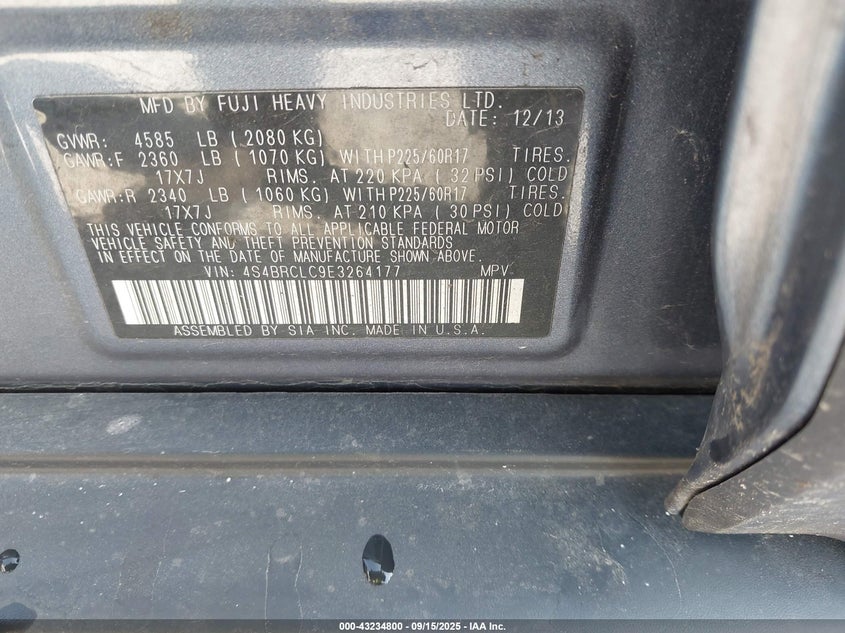 2014 SUBARU OUTBACK 2.5I LIMITED 4S4BRCLC9E3264177