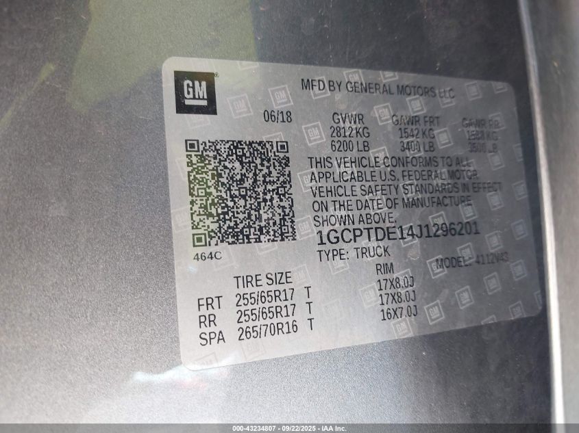 2018 Chevrolet Colorado Z71 VIN: 1GCPTDE14J1296201 Lot: 43234807