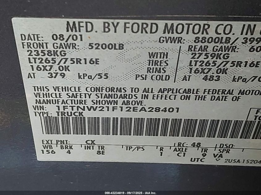 2002 Ford F-250 Lariat/Xl/Xlt VIN: 1FTNW21F12EA28401 Lot: 43234819