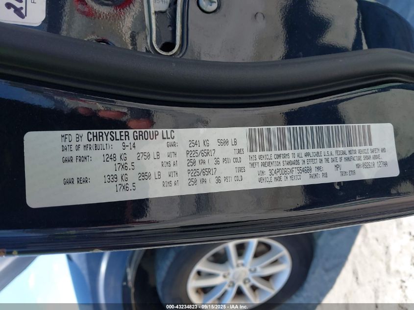 2015 Dodge Journey Sxt VIN: 3C4PDDBGXFT554680 Lot: 43234823