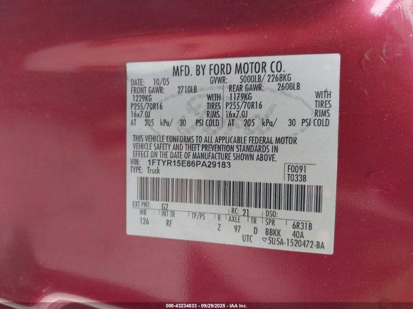 2006 Ford Ranger Fx4 Off-Road/Sport/Xl/Xlt VIN: 1FTYR15E86PA29183 Lot: 43234833