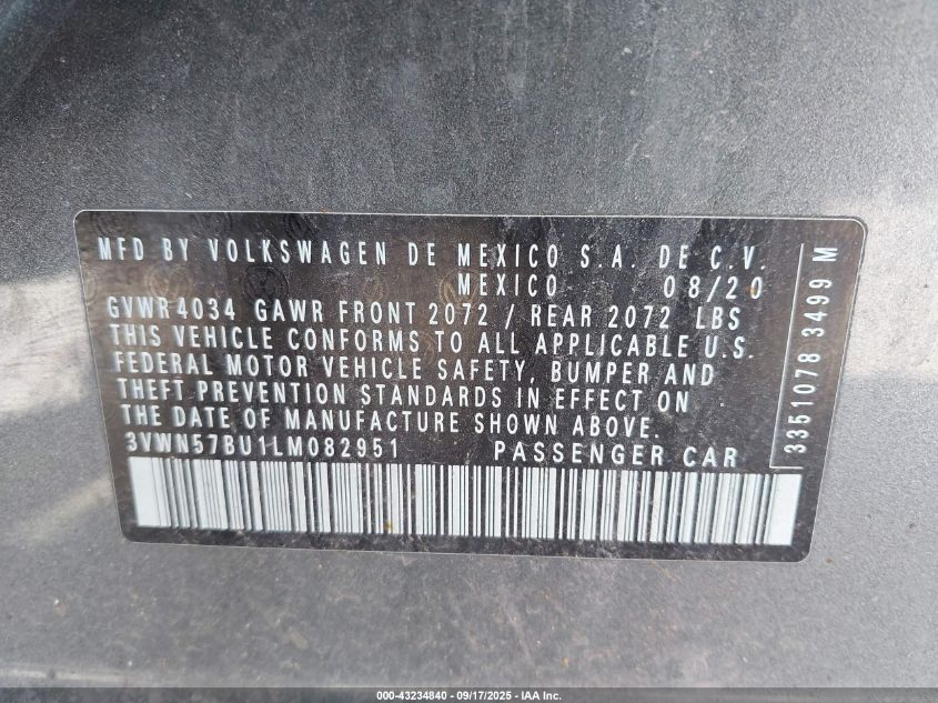 2020 Volkswagen Jetta 1.4T R-Line/1.4T S VIN: 3VWN57BU1LM082951 Lot: 43234840