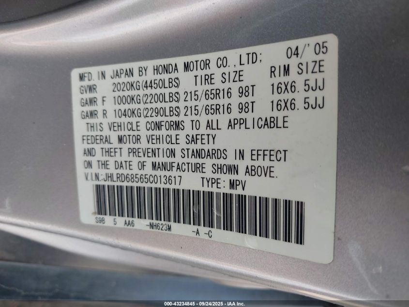 2005 Honda Cr-V Lx VIN: JHLRD68565C013617 Lot: 43234845