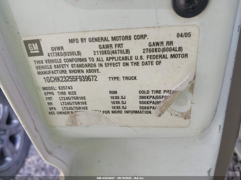 2005 Chevrolet Silverado 2500Hd Lt VIN: 1GCHK23255F939672 Lot: 43234847