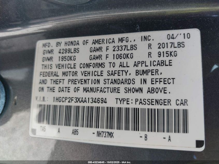 2010 Honda Accord Lx VIN: 1HGCP2F3XAA134694 Lot: 81550825