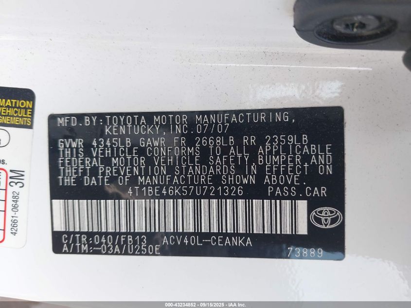 2007 Toyota Camry Le VIN: 4T1BE46K57U721326 Lot: 43234852