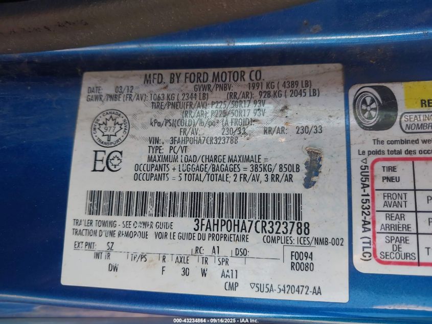 2012 Ford Fusion Se VIN: 3FAHP0HA7CR323788 Lot: 43234864