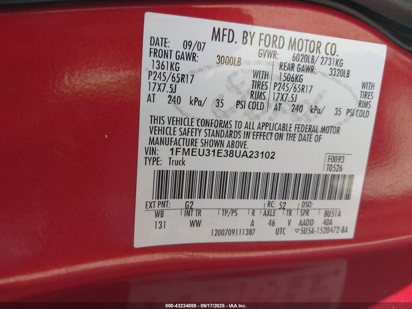 2008 Ford Explorer Sport Trac Xlt VIN: 1FMEU31E38UA23102 Lot: 43234888