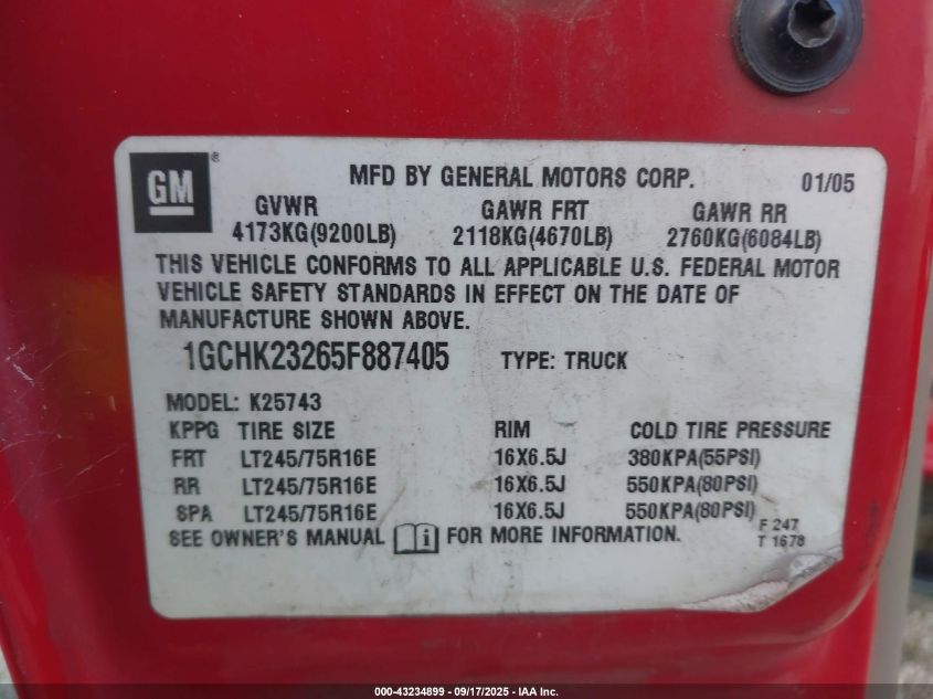 2005 Chevrolet Silverado 2500Hd Lt VIN: 1GCHK23265F887405 Lot: 43234899