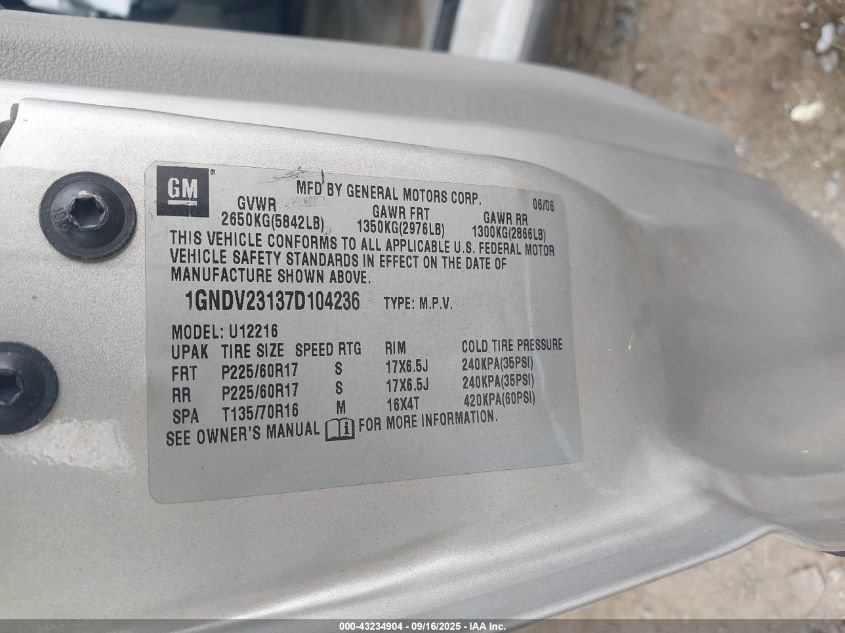 2007 Chevrolet Uplander Ls VIN: 1GNDV23137D104236 Lot: 43234904