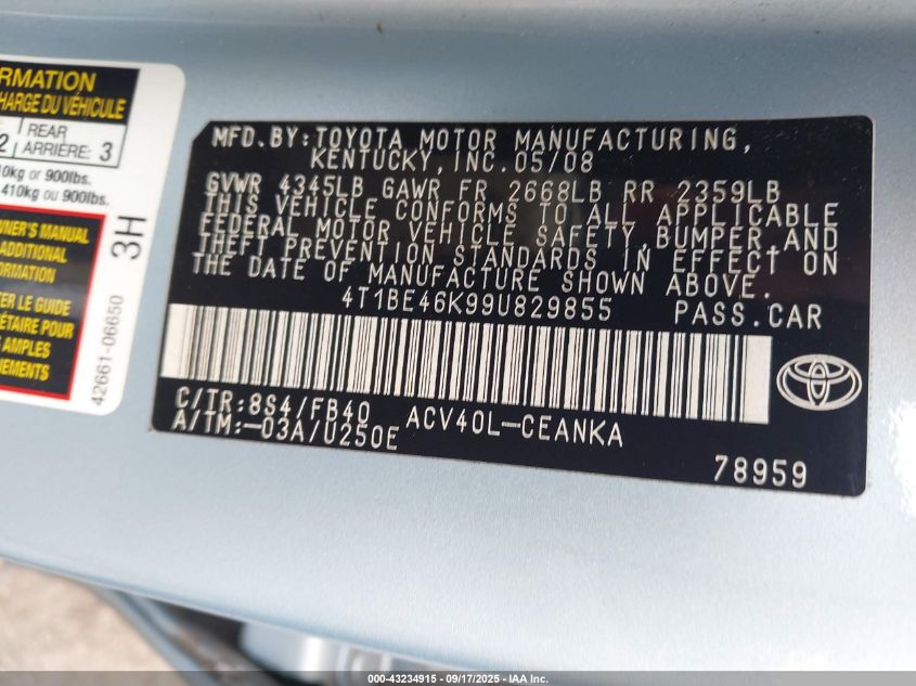 2009 Toyota Camry Le VIN: 4T1BE46K99U829855 Lot: 43234915