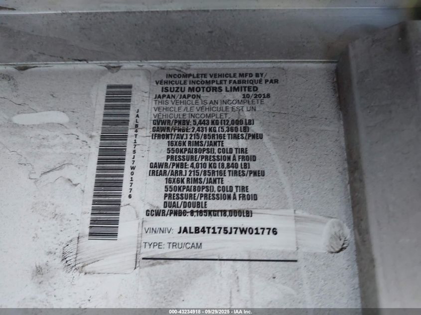 2018 Isuzu Reach VIN: JALB4T175J7W01776 Lot: 43234918
