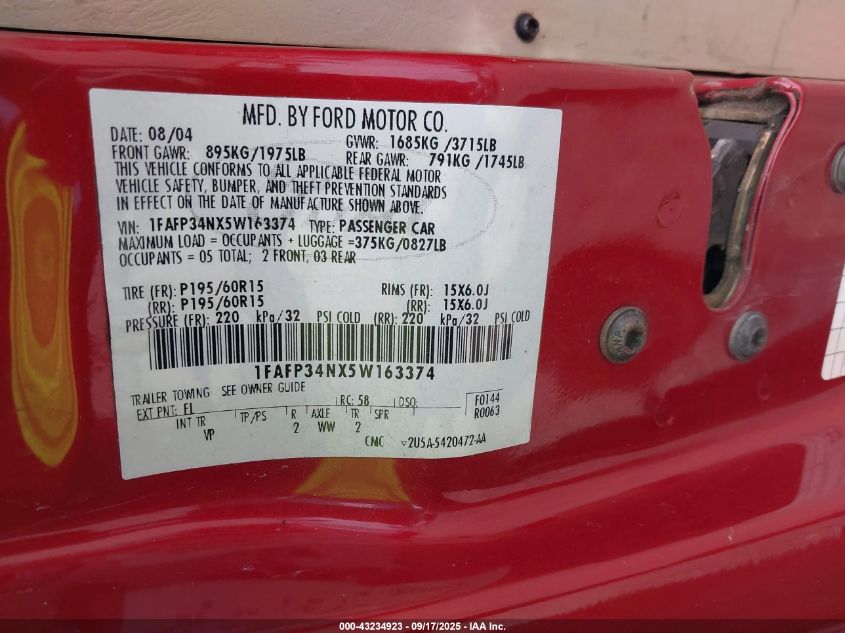 2005 Ford Focus Zx4 VIN: 1FAFP34NX5W163374 Lot: 43234923