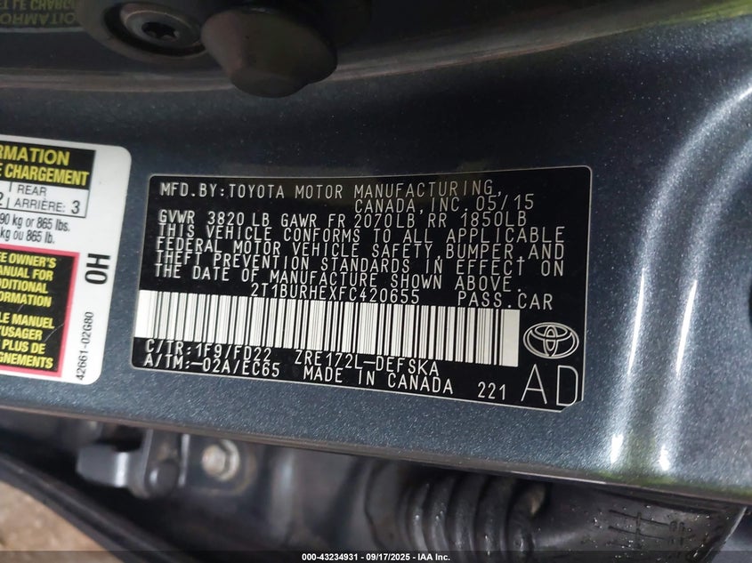 2015 TOYOTA COROLLA S PLUS - 2T1BURHEXFC420655