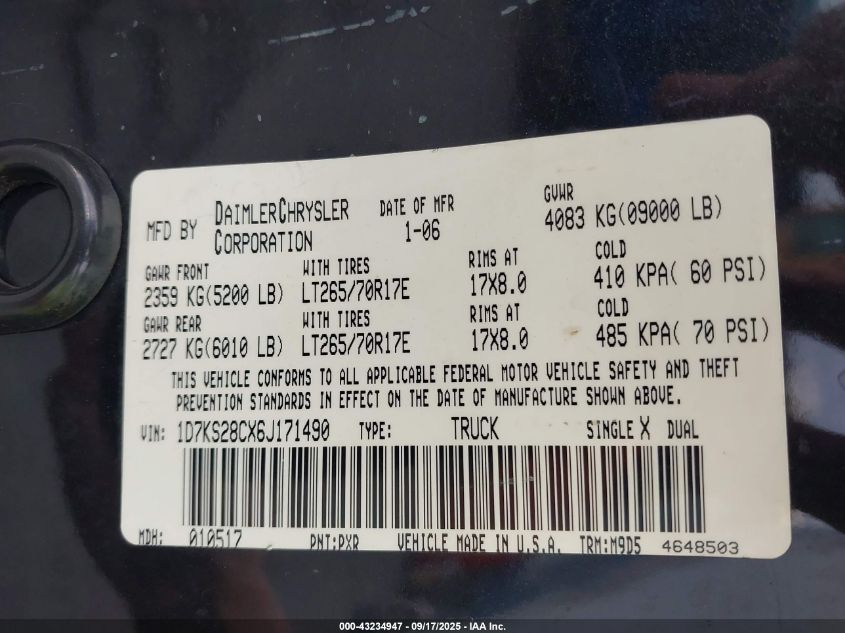2006 Dodge Ram 2500 Slt/Sport VIN: 1D7KS28CX6J171490 Lot: 43234947
