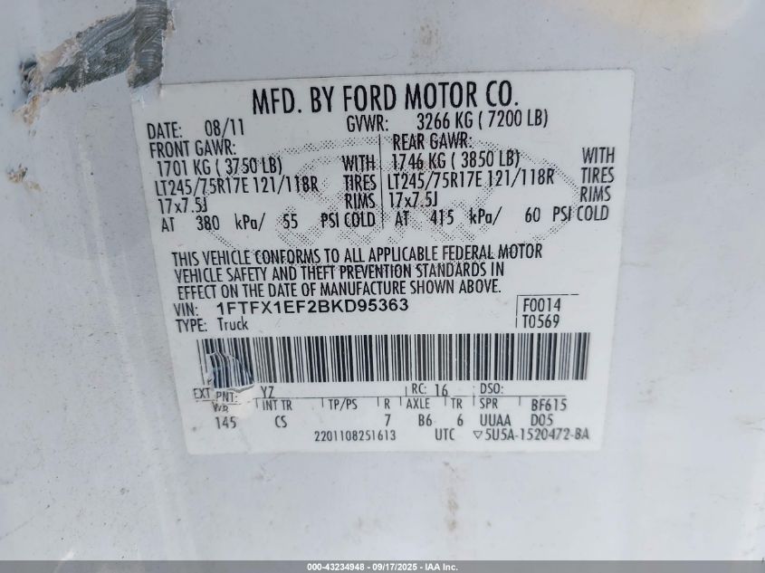 2011 Ford F-150 Xl VIN: 1FTFX1EF2BKD95363 Lot: 43234948
