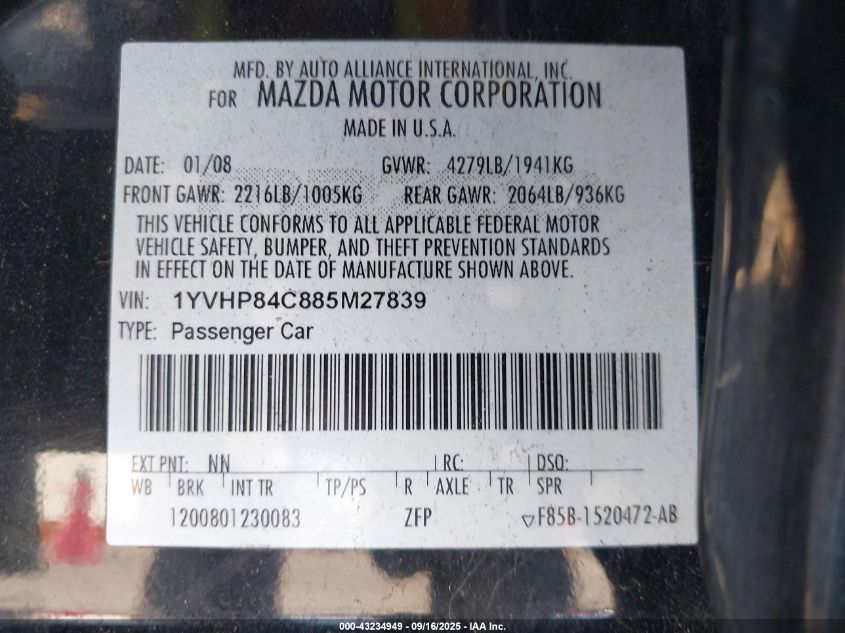 2008 Mazda Mazda6 I Sport Ve VIN: 1YVHP84C885M27839 Lot: 43234949