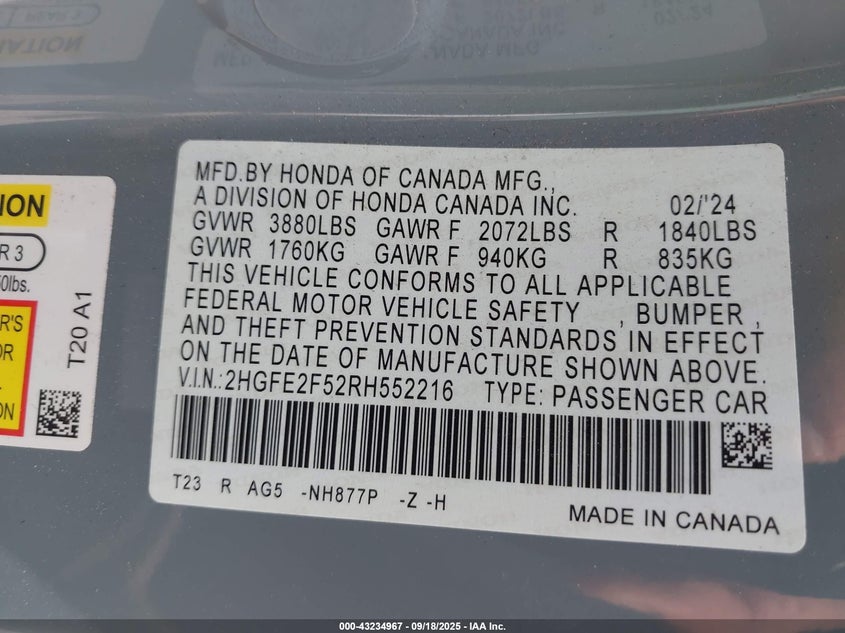 2024 HONDA CIVIC SPORT - 2HGFE2F52RH552216