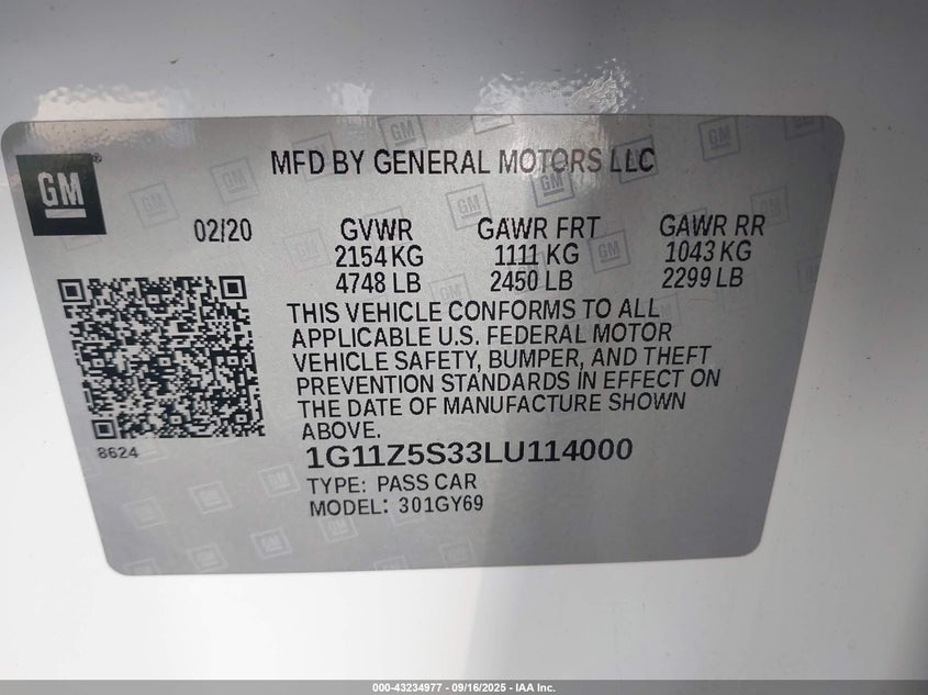 2020 CHEVROLET IMPALA FWD LT - 1G11Z5S33LU114000