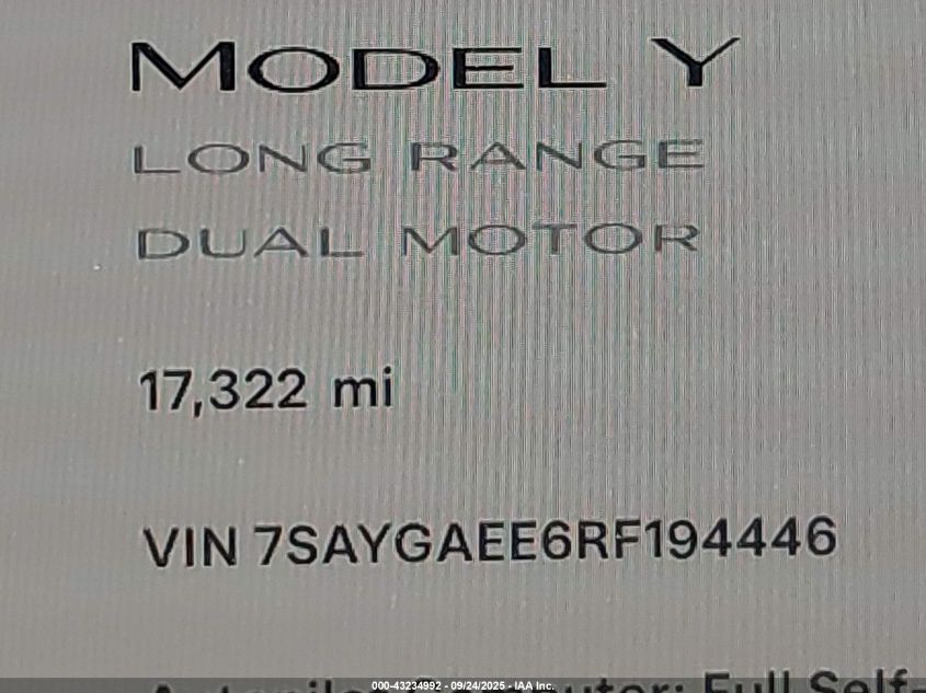 2024 Tesla Model Y Long Range Dual Motor All-Wheel Drive VIN: 7SAYGAEE6RF194446 Lot: 43234992