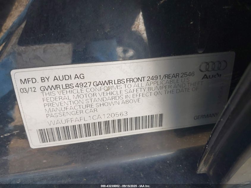 2012 Audi A4 2.0T Premium VIN: WAUFFAFL1CA120563 Lot: 43235002