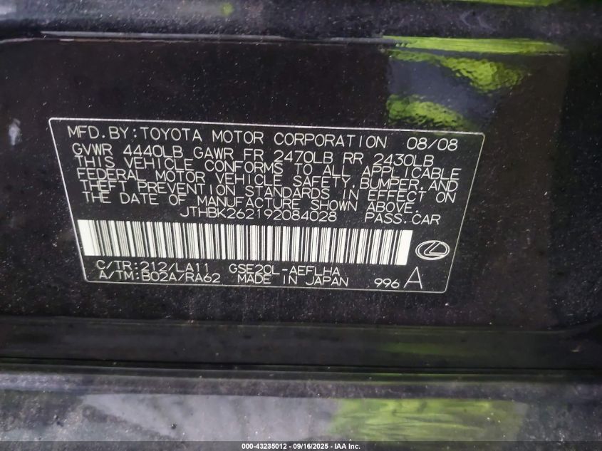 2009 Lexus Is 250 VIN: JTHBK262192084028 Lot: 43235012