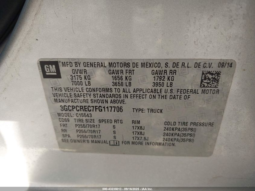 2015 Chevrolet Silverado 1500 1Lt VIN: 3GCPCREC7FG117706 Lot: 43235013