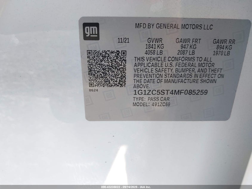 2021 Chevrolet Malibu Fwd 1Fl VIN: 1G1ZC5ST4MF085259 Lot: 43235022