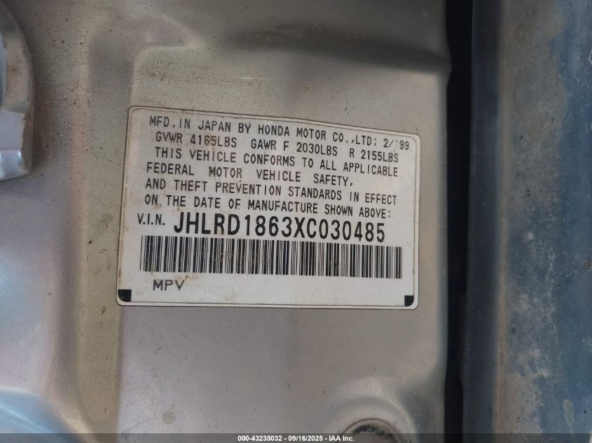 1999 Honda Cr-V Ex VIN: JHLRD1863XC030485 Lot: 43235032