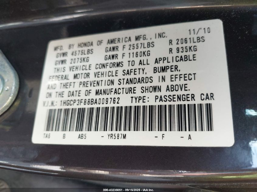 2011 Honda Accord 3.5 Ex-L VIN: 1HGCP3F88BA009762 Lot: 43235051