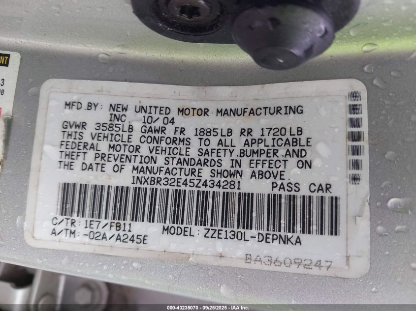 2005 Toyota Corolla Le VIN: 1NXBR32E45Z434281 Lot: 43235070