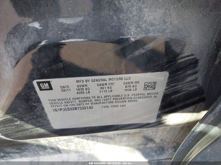2011 Chevrolet Cruze Eco VIN: 1G1PJ5S92B7303143 Lot: 43235080