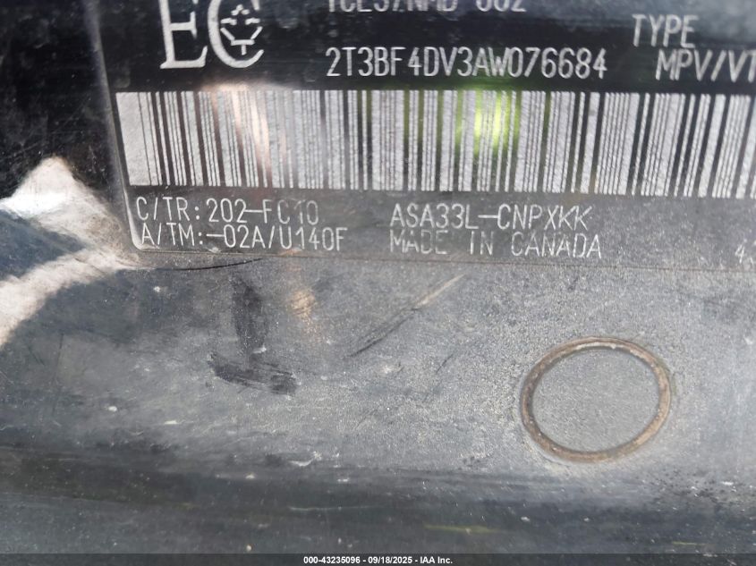 2010 Toyota Rav4 VIN: 2T3BF4DV3AW076684 Lot: 43235096