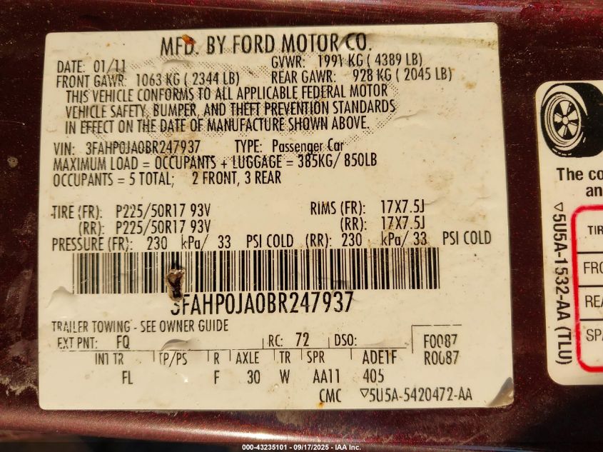 2011 Ford Fusion Sel VIN: 3FAHP0JA0BR247937 Lot: 43235101