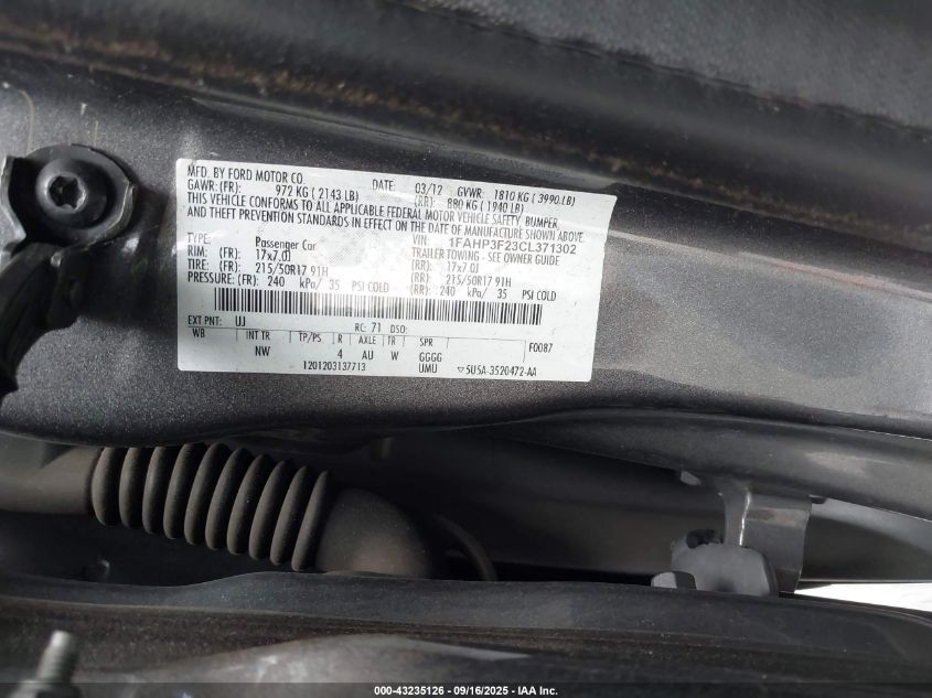 2012 Ford Focus Se VIN: 1FAHP3F23CL371302 Lot: 43235126