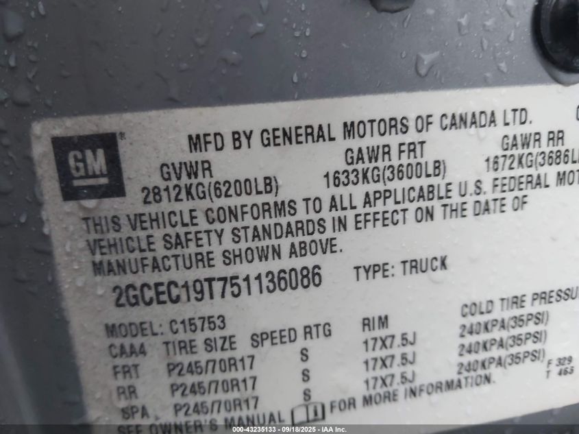 2005 Chevrolet Silverado 1500 Ls VIN: 2GCEC19T751136086 Lot: 43235133