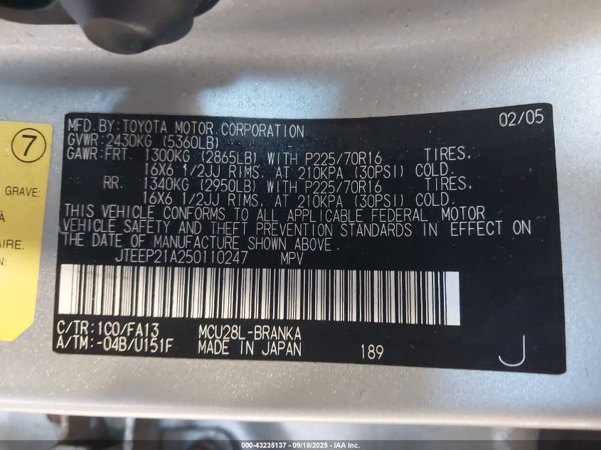 2005 Toyota Highlander Limited VIN: JTEEP21A250110247 Lot: 43235137