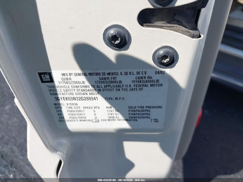 2002 Cadillac Escalade Ext VIN: 3GYEK63N32G288941 Lot: 43235158