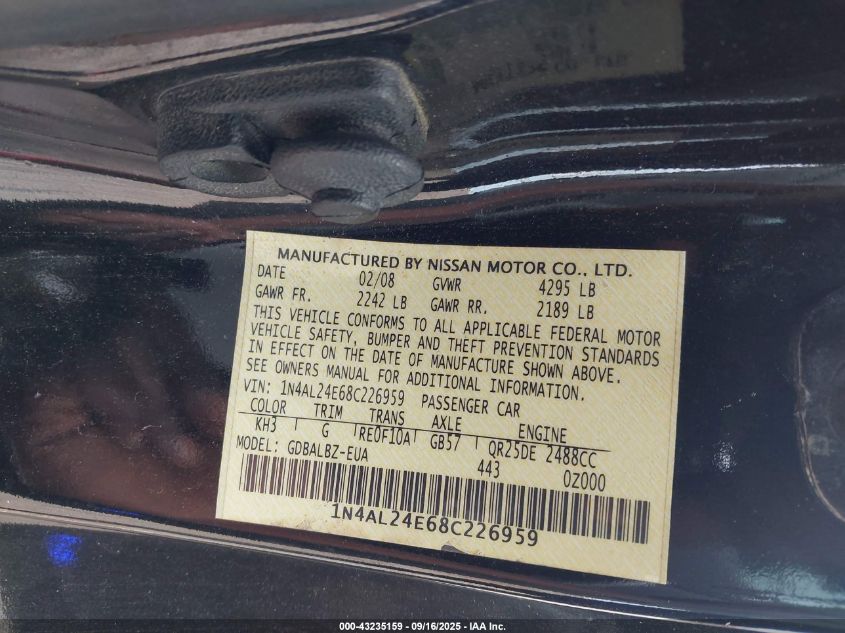 2008 Nissan Altima 2.5 S VIN: 1N4AL24E68C226959 Lot: 43235159