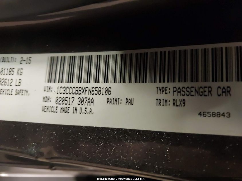 2015 Chrysler 200 S VIN: 1C3CCCBBXFN658106 Lot: 43235160