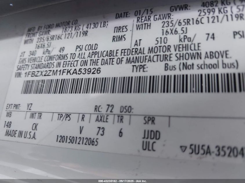 2015 Ford Transit-350 Xlt VIN: 1FBZX2ZM1FKA53926 Lot: 43235182