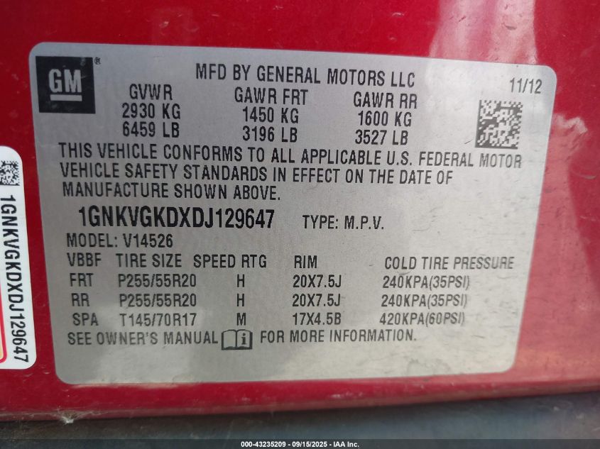 2013 Chevrolet Traverse 1Lt VIN: 1GNKVGKDXDJ129647 Lot: 43235209