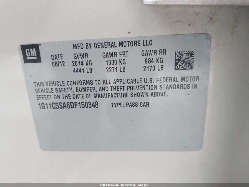 2013 Chevrolet Malibu 1Lt VIN: 1G11C5SA6DF150348 Lot: 43235216