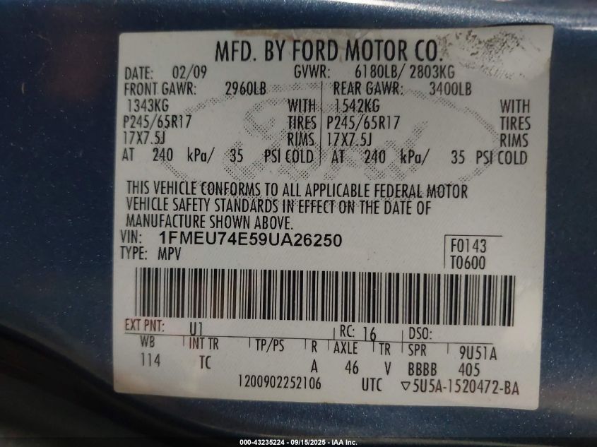 2009 Ford Explorer Eddie Bauer VIN: 1FMEU74E59UA26250 Lot: 43235224