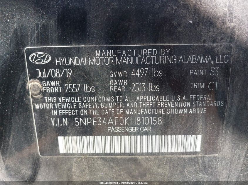 2019 Hyundai Sonata Sport VIN: 5NPE34AF0KH810158 Lot: 43235231