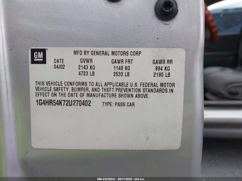 2002 Buick Lesabre Limited VIN: 1G4HR54K72U270402 Lot: 43235241